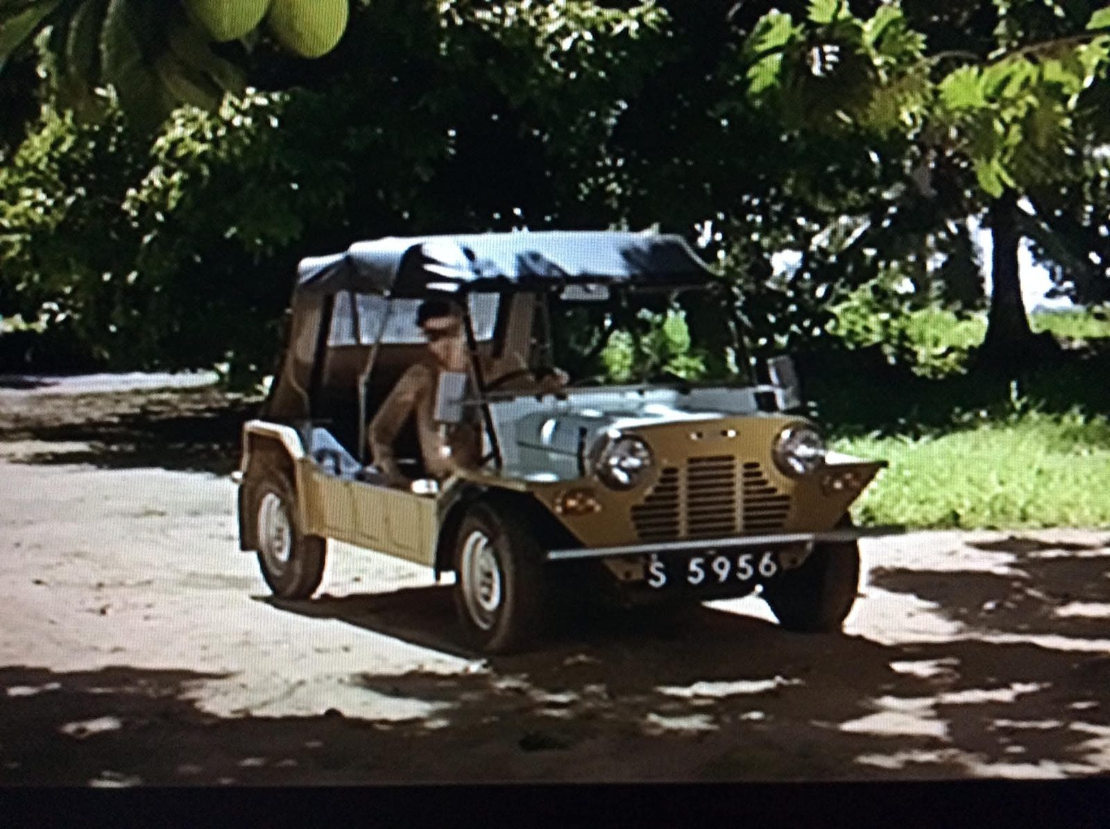 Takamaka ağaçlarının altında kumlu yolda siyah branda tavanlı altın rengi klasik Mini Moke